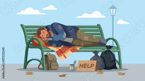 This poignant illustration captures a homeless man resting on a bench, surrounded by his belongings. It evokes compassion and raises awareness about societal issues and empathy.