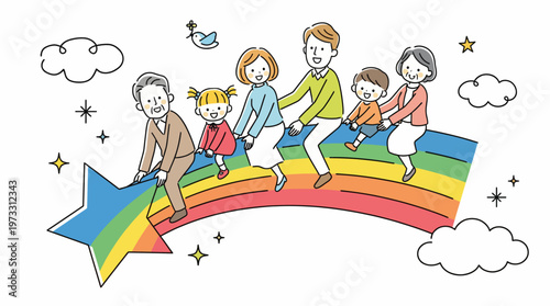 A vibrant family illustration depicting multiple generations enjoying a colorful rainbow ride, representing unity, happiness, and togetherness in a whimsical style.