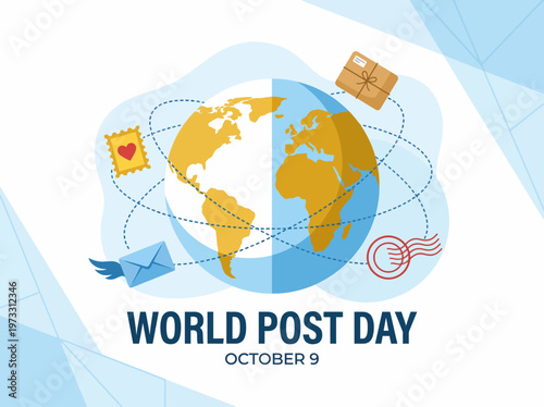 A vibrant design celebrating World Post Day with a globe, stamps, and envelopes, highlighting the importance of postal communication and connectivity across the globe on October 9.