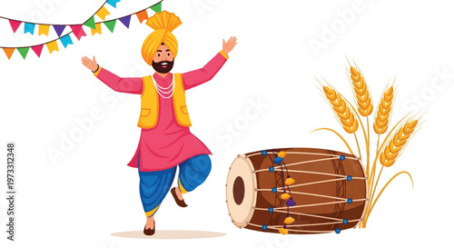 Vector Illustration of a Happy Punjabi Man Dancing Bhangra with Dhol and Wheat Stalks for Baisakhi Festival Celebration