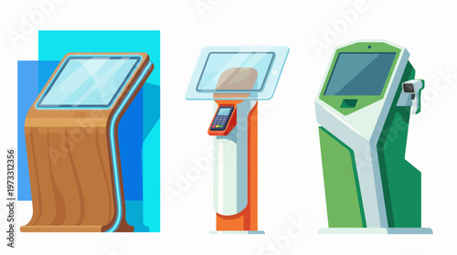 Three unique kiosk designs with innovative styles for various applications including information, payments, and retail experiences in public spaces.