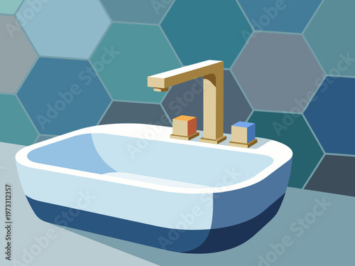 An elegant representation of a bathroom sink paired with hexagonal tiles in soothing cool tones, emphasizing contemporary design, cleanliness, and artistic flair in modern interiors.