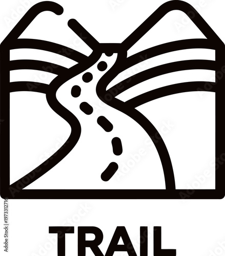 Vector outline icon illustrating a winding natural trail through majestic mountains, ideal for hiking, adventure, and exploring scenic outdoor landscapes