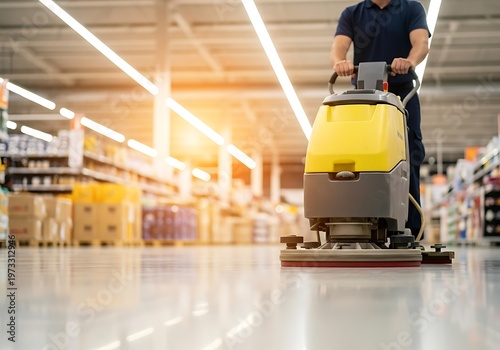 Person cleaning floor with yellow machine grey