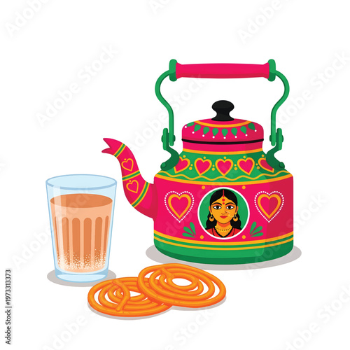Vibrant Digital Illustration of Masala Chai with Indian Truck Art Inspired Kettle and Jalebi