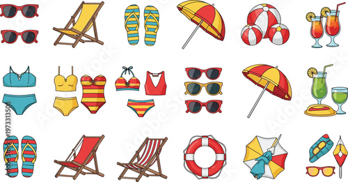 Summer Vacation Icon Set Featuring Sunglasses, Swimsuits, Beach Chairs, Umbrellas, and Refreshing Drinks for Travel and Leisure Designs