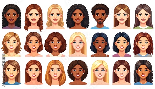 A diverse array of stylized smiling portraits featuring women and men with various skin tones, hairstyles, and eye colors, arranged in three rows