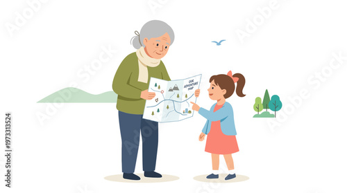 Grandmother and Granddaughter Planning an Adventure with a Map Illustration. Senior Woman and Young Girl Bonding, Intergenerational Family Trip and Exploration Concept.