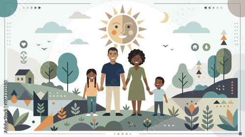 Diverse Happy Family in Nature Landscape Illustration, Sustainable Living Concept, Folk Art Style Graphic with Sun and Trees
