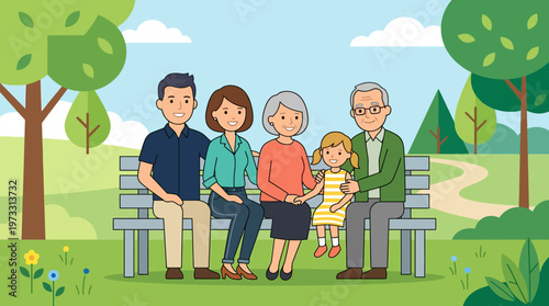 Happy Multi-Generational Family Sitting on Park Bench Illustration. Grandparents, Parents, and Daughter Together Outdoors in Nature. Flat Vector Cartoon Design.