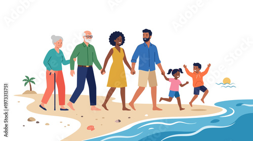 Diverse Multi-generational Family Walking on Beach at Sunset Illustration, Grandparents, Parents, and Children on Summer Vacation, Multicultural Family Bond Vector
