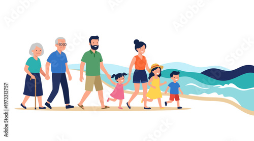 Happy Multi-Generational Family Walking on the Beach - Flat Vector Illustration of Grandparents, Parents, and Children on Summer Vacation