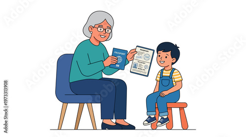 Grandmother and Grandson Looking at Passports Preparing for International Travel Illustration