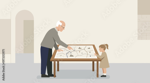 Grandfather and Granddaughter Looking at a Map Together - Intergenerational Connection and Discovery Concept
