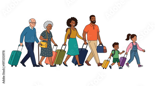Multi-generational Diverse Family Traveling Together with Suitcases and Luggage; Happy Family Group on Vacation Trip