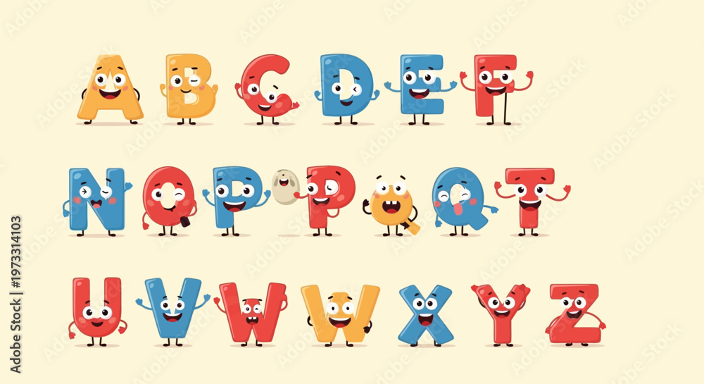 Fototapeta premium Colorful vector alphabet set for kids cartoon illustration pattern icons and seamless design with fun animal and symbol characters