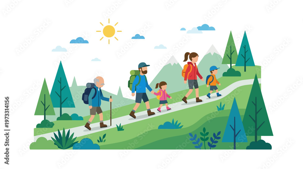 Naklejka premium Happy Multi-Generational Family with Grandfather, Parents, and Children Hiking in Mountains, Outdoor Activity Vector Illustration