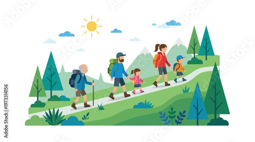 Happy Multi-Generational Family with Grandfather, Parents, and Children Hiking in Mountains, Outdoor Activity Vector Illustration