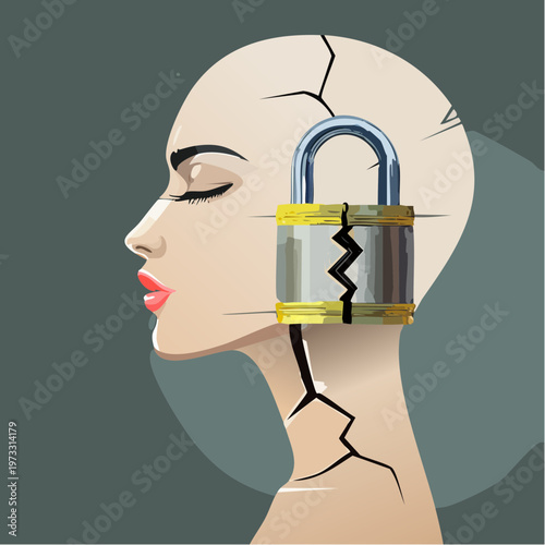 Cracked head with broken padlock symbolizing mental health struggles.