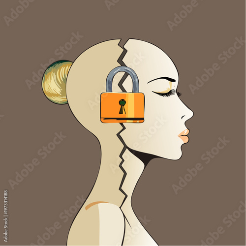 Womans head with a padlock symbolizing mental block or locked thoughts.