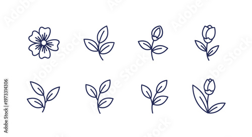 Collection of simple line art icons featuring flowers and leaves in dark blue