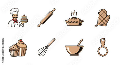 Collection of baking icons featuring a chef, cake, pie, and utensils