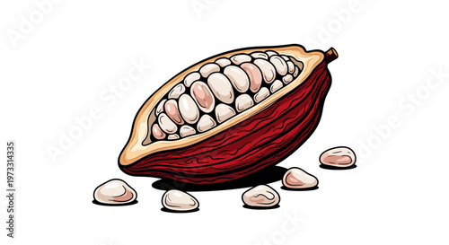 Illustration of a ripe cocoa pod cut in half showing beans and surrounding beans