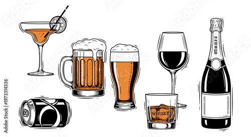 Collection of alcoholic beverages in various glasses and a can