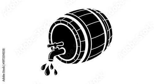 Wooden barrel with a spigot and dripping liquid, isolated on white background