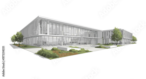 Modern office building with glass facade and landscaped grounds, architectural rendering