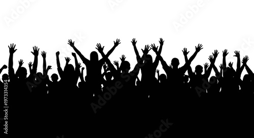 Silhouette of a cheering crowd with hands raised in celebration against a white background