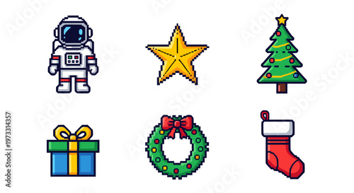 Pixel art icons of Christmas and space elements for festive design