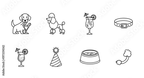 Cute cartoon dog and poodle icons with party and drink elements