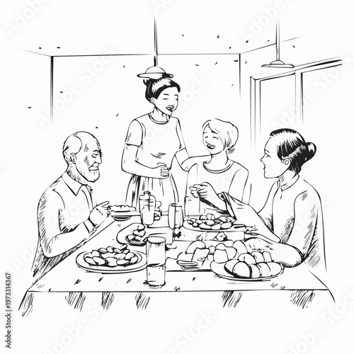 Family mealtime with four people gathered around a table enjoying food and conversation.
