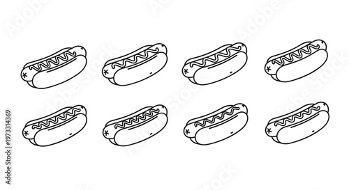 Simple line art pattern of hot dogs with mustard on a white background