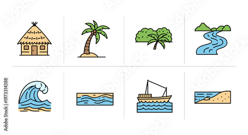 Collection of tropical island and coastal scene icons with a simple, clean design