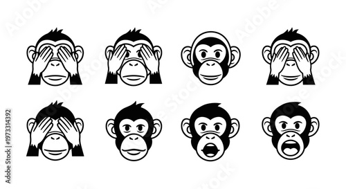 Three wise monkeys icons showing different expressions and actions
