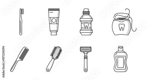 Collection of personal hygiene and dental care items in a clean line art style