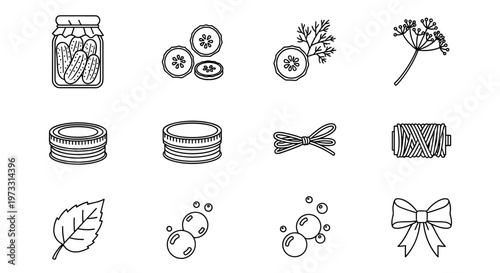 Collection of line art icons for canning and preserving food items