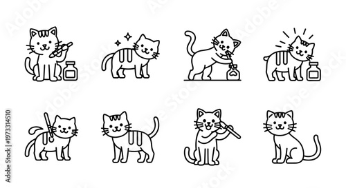 Cute cartoon cats engaged in various activities with ink and brushes