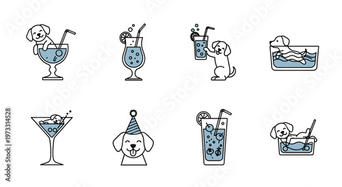 Cute cartoon dogs enjoying drinks and swimming in various glasses