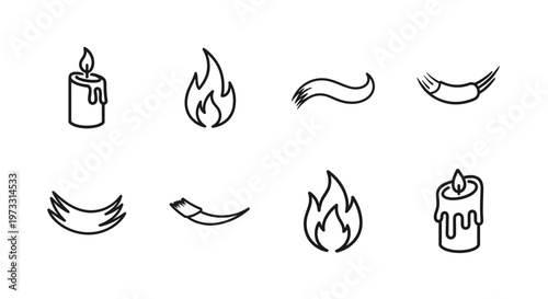 Collection of simple line art icons representing flames and candles