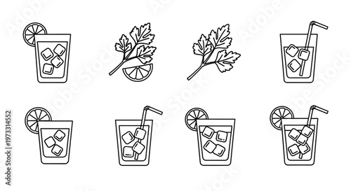 Collection of line art icons featuring refreshing drinks and garnishes