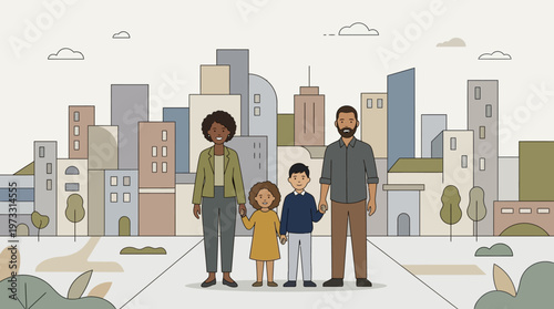Happy Multi-ethnic Family Standing in Front of City Skyline Flat Vector Illustration