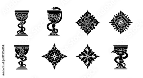 Collection of black medical symbols and ornamental floral designs on white background
