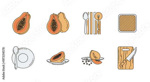 Collection of stylized papaya fruit and kitchen utensil icons