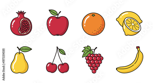Collection of colorful cartoon fruits including apple, banana, grapes, and citrus