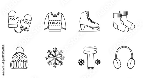 Collection of winter clothing and accessories icons in a clean line art style