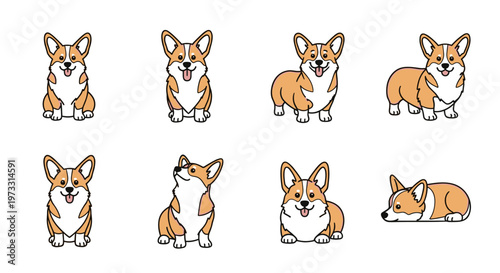 Collection of cute cartoon corgi dogs in various poses and expressions