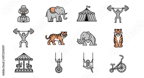 Collection of circus icons featuring performers, animals, and attractions